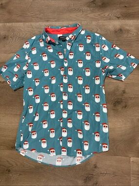Teal Short-Sleeve Santa Print Button-Down Shirt
